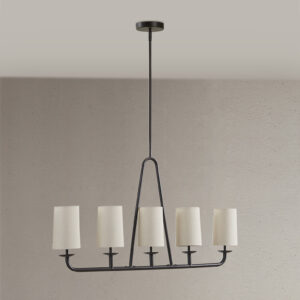 Illuminate your space with Serenitie 5-Light Chandelier from Ink + Ivy. This modern farmhouse-inspired light fixture boasts clean lines and a linear design. The tapered drum shades on oil rubbed bronze metal frame finish add sophistication and ambience.  Its linear composition makes it ideal for kitchen islands