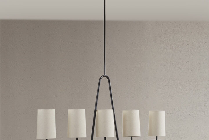 Illuminate your space with Serenitie 5-Light Chandelier from Ink + Ivy. This modern farmhouse-inspired light fixture boasts clean lines and a linear design. The tapered drum shades on oil rubbed bronze metal frame finish add sophistication and ambience.  Its linear composition makes it ideal for kitchen islands