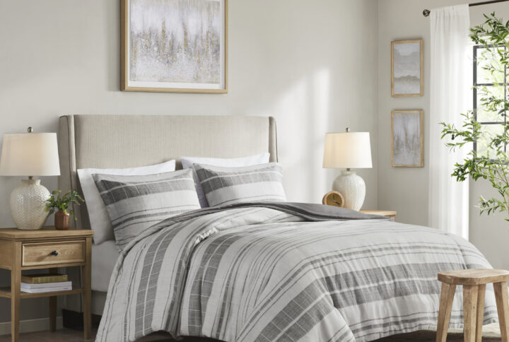 This modern farmhouse bedding set features printed black stripes on a grey and white background made of a cotton/poly slub fabric for a linen-like look. The cotton/poly blend offers softness