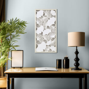 Enhance your farmhouse or country cottage decor with Martha Stewart's Lily Pond Wall Art Panel. Handmade off-white rice paper in a gingko leaf design is showcased in a glass-protected shadow box. Hang it horizontally or vertically with D-ring hangers. Indoor use only. Spot clean. Elevate your space effortlessly.