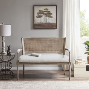 Give your living space a country charm with the Madison Park Willshire Settee. This rustic settee features pillow topped arms and an attached cushion upholstered in a beige fabric. The reclaimed natural wood finish and rattan insert on the back complement the upholstery