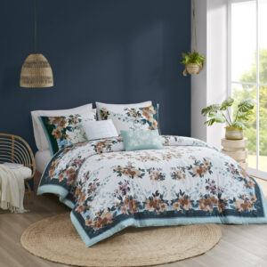 This shabby chic cotton comforter set features a floral print design on top of light grey vertical stripes with additional teal colored borders and blue lines creating a fenced look on the edges. Included in this set are also two decorative pillows with pleated and embroidery floral for a touch of elegance and refinement. Colors found in this bed set include various shades of teal