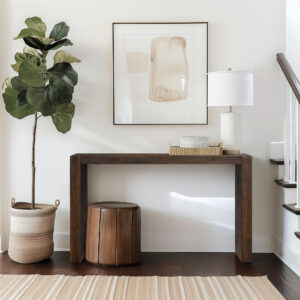 Modern clean lines and a simple design are beautifully combined to create this console table. This piece of multifunctional furniture features a solid wood construction in a deep finish with distressing details for a charming modern look. Some color variations will occur in the natural wood grain