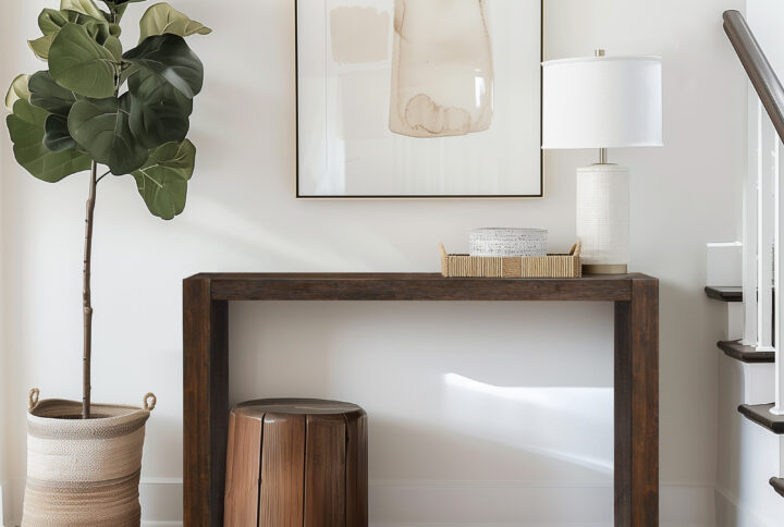 Modern clean lines and a simple design are beautifully combined to create this console table. This piece of multifunctional furniture features a solid wood construction in a deep finish with distressing details for a charming modern look. Some color variations will occur in the natural wood grain