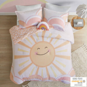 Brighten up your child’s bedroom with the Urban Habitat Kids Dawn Sunshine Printed Reversible Comforter Set. This soft yellow and coral cotton comforter features a large smiling sun print with a small scale cloud print on the reverse