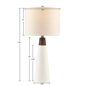 this table lamp is made from white ceramic with a wood accent to create a unique mid-century modern design. The drum shade comes in a cream color to complement the look of the base