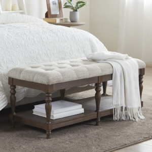 The Martha Stewart Highland Tufted Accent Bench with Shelf offers a sophisticated update to your home decor. This accent bench features a tufted upholstered seat that contrasts beautifully with the wood finish