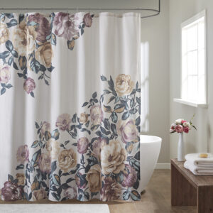 Bring style and life to your bathroom decor with the Madison Park Charisma Cotton Floral Printed Shower Curtain. This shower curtain features a beautiful engineered floral design in feminine blush/ivory/green tones on a ivory contrast ground