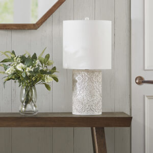 Elevate your decor with the elegance of the INK+IVY Ashbourne Embossed Floral Resin Table Lamp. Flaunting a beautifully intricate embossed floral design