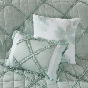 the Madison Park Mindy Comforter provides color and style. The dusty seafoam center has quilting and ruffle details while the outer border features a floral print in white and finishes off the edge with ruffles. Two euro shams and three decorative pillows use coordinating colors and fabric manipulation techniques to pull this whole look together. Items in the set may come in a rolled or compressed packaging