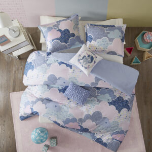 Drift off to dreamland with the whimsical charm of the Urban Habitat Kids Cloud Cotton Printed Duvet Cover Set. The duvet cover and shams (1 in Twin Sizes) showcase a cute and fluffy cloud motif in a soft colorful palette with a solid reverse. An oblong decorative pillow features all-over ruching and the square pillow features an embroidered unicorn. Made from 100% pre-shrunk cotton