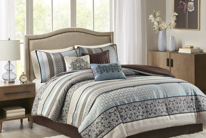 Update your bedroom with the Princeton comforter set. Princeton creates character with intricate geometric and damask prints in a mix of grey