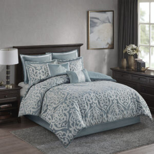 Add a touch of class to your bedroom with the Madison Park Odette 8 Piece Jacquard Comforter Set. The luxurious textured jacquard comforter and shams flaunt a gorgeous damask medallion design with silver striations on the satin ground that add dimension to the lavish look. A solid aqua reverse and stunning euro shams complement the top of the bed to complete the ensemble. Also included are two decorative pillows that feature embroidery and cording details