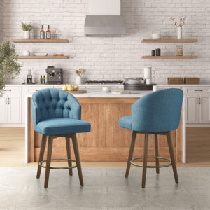 this counter stool is upholstered and accentuated by a button tufted back and a bronze nail head trim