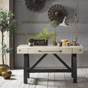 Make the INK+IVY Lancaster Desk the centerpiece for your office space. The desk features a manufactured wood top in an antique cream finish and a solid wood trestle base in a graphite finish to mimic a metal texture