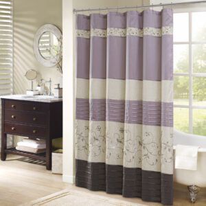 Add an elegant addition to your bathroom with the Madison Park Serene shower curtain. Its rich purple and delicate embroidery are the perfect combination. This 72x72" shower curtain is machine washable for easy care. Complete the look with coordinating bedding available and sold separately.