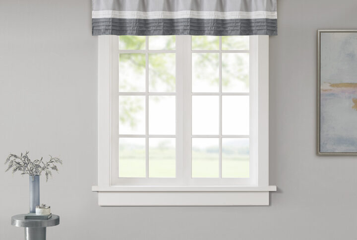 Amherst's modern color block design is a simple way to add style to any room. This window valance features color block stripes in hues of grey and ivory