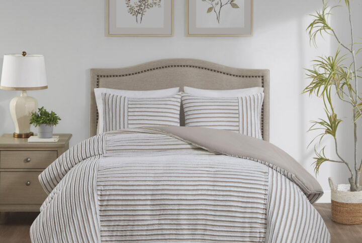 This casual farmhouse style duvet cover set features a pieced clip jacquard pattern in a white and natural two-tone stripe effect. Our duvet covers come with button closures and 4 inner ties to help keep your duvet insert secured (inserts sold separately). This machine washable bedding set is OEKO-TEX certified and features an antimicrobial treatment