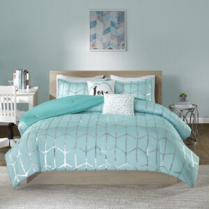 metallic silver print against a vibrant aqua ground for a fun and eye-catching look! Matching sham(s) echo the design seen on top of the bed to pull the entire ensemble together. Two embroidered decorative pillows with typography and metallic details complete this fabulous