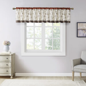 Add simple elegance to any room with the Madison Park Serene Embroidered Valance. This valance features delicate floral embroidery in rust spice and neutral hues