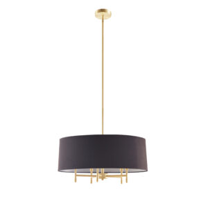 featuring five lights within a sleek black tapered fabric shade. Its classic round shape and gold brass metal frame with a plated finish bring a glamorous