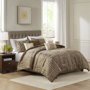 This traditional jacquard comforter set features leaf-like ironwork motifs that adds richness to your current bedroom. The three throw pillows are embellished with pintucks