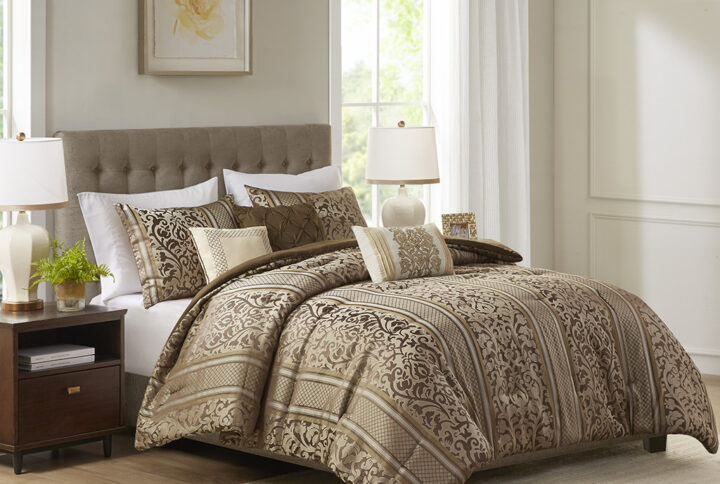 This traditional jacquard comforter set features leaf-like ironwork motifs that adds richness to your current bedroom. The three throw pillows are embellished with pintucks