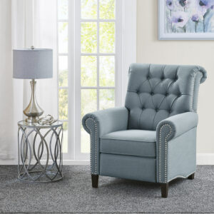 Update your living space with the elegant transitional style of the Madison Park Aidan Push Back Recliner. Rounded arms and a high rounded back give this recliner chair a simple