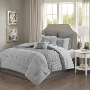 The 510 Design Ramsey Embroidered 8 Piece Comforter Set introduces a graceful elegance to your bedroom decor. A pieced embroidery design with quilting and pintuck details