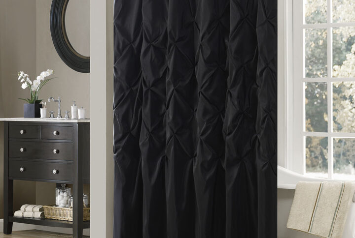 Update your bathroom instantly with the Laurel Shower Curtain. Its soft black color paired with large tufting creates a contemporary look while adding beautiful texture to your space. Made from 100% polyester polyoni