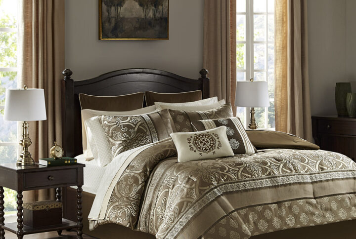 The Madison Park Essentials Zara 16 Piece Jacquard Complete Bedding Set with 2 Sheet Sets offers a luxurious traditional update for your bedroom. An elegant jacquard design