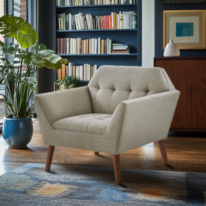 Elevate your living area with the mid-century allure of the INK+IVY Newport Upholstered Armchair. Featuring a wide 37-inch profile and a striking angular silhouette