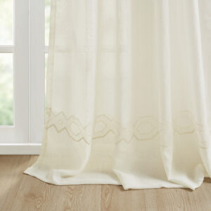 This soft and lightweight curtain has a linen-like feel to the touch and adds grace and charm to your home environment. The premium semi-sheer fabrication provides privacy while letting in lots of light and fresh air. The link pattern beautifully embroidered on the bottom elevates the texture and creates a subtle style to decorate your room in a classic and elegant way.