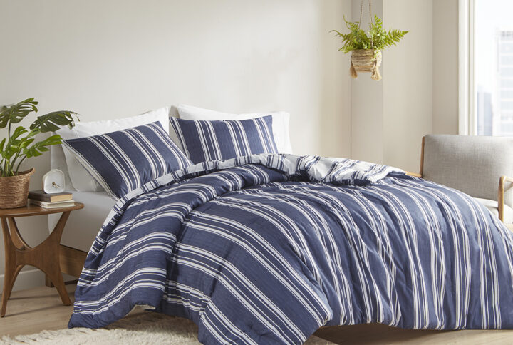 Create a casual farmhouse look in your bedroom with the Intelligent Design Cobi Striped Reversible Comforter Set. This reversible comforter and shams (1 in Twin/TwinXL) feature a striped print that flips the color scheme on the reverse to create two chic country styles. A stain release protection treatment helps to remove most stains during the wash cycle