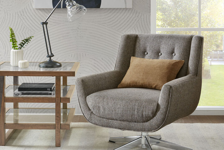 INK+IVY’s Nina Swivel Lounge Chair offers a rich blend of style and comfort to update your home. The modern wing-style back features button tufting that adds a subtle yet elegant accent to the design. A 5-point star base