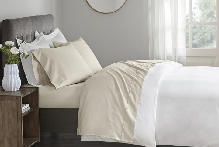 Sleep soundly in the comfort of the Beautyrest 400 Thread Count wrinkle resistant cotton sateen sheet set. The fitted sheet features a 1-inch elastic band fully around the edge which keeps the sheet in place. Machine washable for easy care