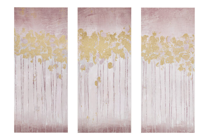 Add a splash of color and style to your decor with the Madison Park Dewy Forest Gold Foil Abstract 3-piece Canvas Wall Art Set by Artist Delsie Walters. Each gel coated canvas measures 15x35” and features an abstract tree design in  soft blush and neutral hues