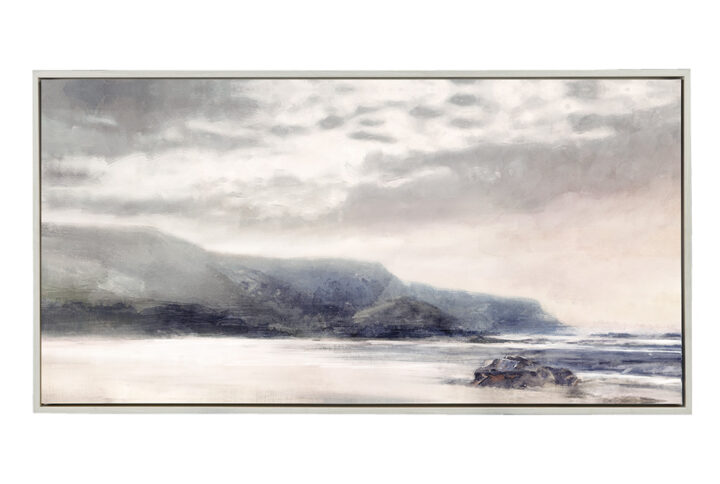 Experience the captivating essence of the "Moody Coast" canvas wall art by Madison Park. This stunning landscape piece features a coastal horizon printed on canvas