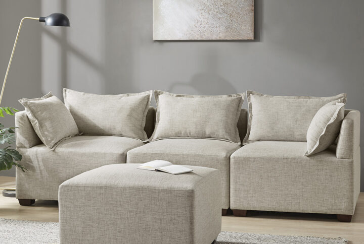 Create a comfortable seating arrangement in your living room with the modern sectional sofa chairs and ottoman. Upholstered in durable and resilient fabric