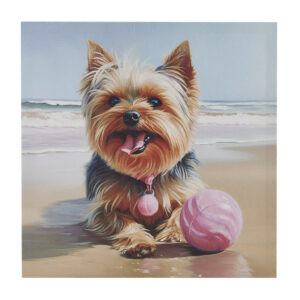 Capture the playful spirit of a Yorkie dog with a happy dog playing ball on the beach. Printed on high-quality canvas