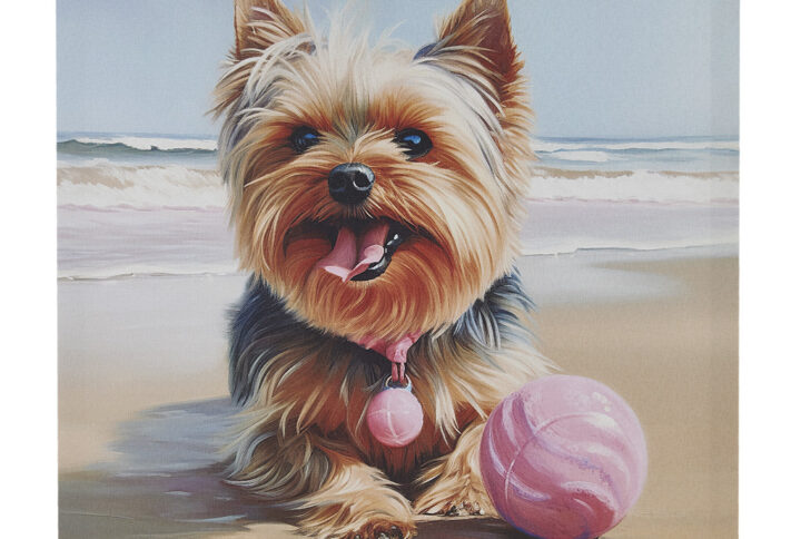 Capture the playful spirit of a Yorkie dog with a happy dog playing ball on the beach. Printed on high-quality canvas