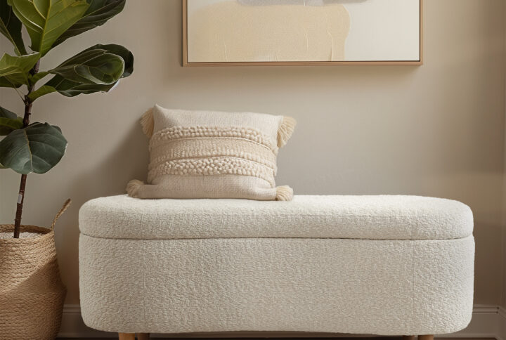 Introducing the Bailey boucle flip top storage bench from Ink+Ivy - a stylish and versatile piece that fits seamlessly into any room of your home. Featuring clean lines and a curved front