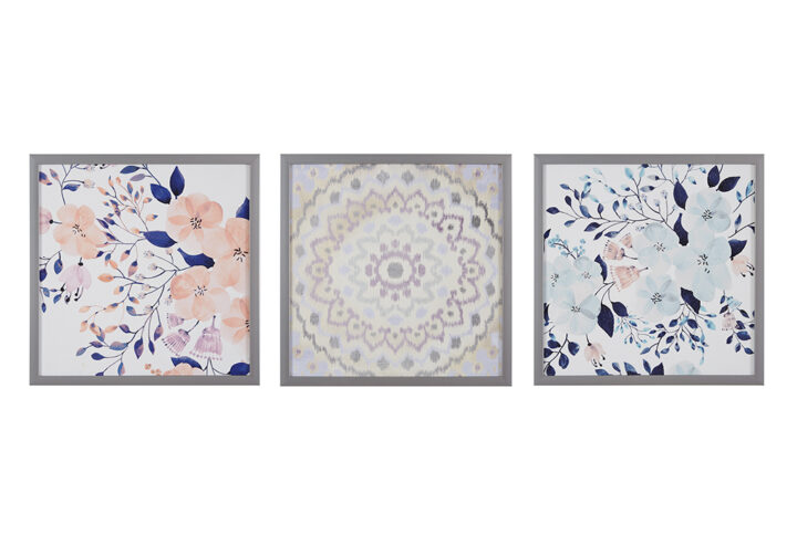 The Summer Bliss Silver Framed Floral Medallion 3-piece Wall Decor Set by Artist Rain Shanks