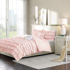 The Intelligent Design Waterfall Ruffled Comforter Set offers a graceful comfort to your bedroom decor. Beautiful flowing ruffles on the bottom half of the blush comforter add charming appeal to the comforter and 2 coordinating shams (1 for Twin/TwinXL). A solid blush reverse creates a clean look