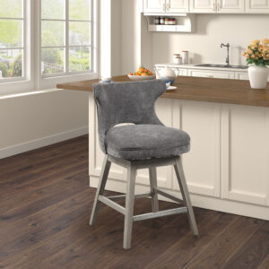 The Madison Park Emmett Swivel Counter Stool brings a chic combination of comfort and style to your kitchen. This counter stool features a low back and is upholstered in a rich charcoal fabric to create a stunning transitional look. The solid wood legs showcase a light grey finish to complement the upholstery. A pewter nail head trim on the open back adds an elegant touch to the design