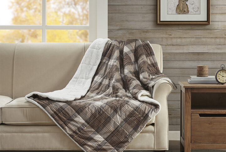 Bundle up on the couch with the Woolrich Lumberjack Down Alternative Throw. This throw blanket features a brown plaid print on ultra softspun fabric with a lush berber reverse. A down alternative filling provides extra warmth and softness