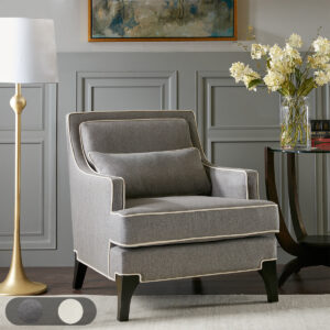 Refined and relaxed all in one chair. Grey upholstery is combined with contrasting ivory welting