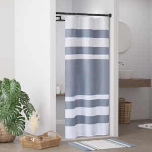 this shower curtain is made of a rich heathered colored fabric pieced with a white waffle weave base creating a beautiful texture for the perfect spa touch to your decor. A temporary 3M Scotchgard water repellent treatment keeps your curtain looking newer