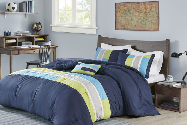 The Mi Zone Pipeline Comforter Set offers a fresh update to your room. The ultra-soft microfiber comforter boasts a striped pieced design in bold colors