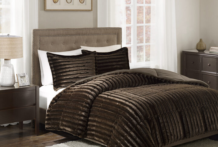 Add glamor and style to your home with the Madison Park Duke faux fur comforter set. Made from a super soft faux fur